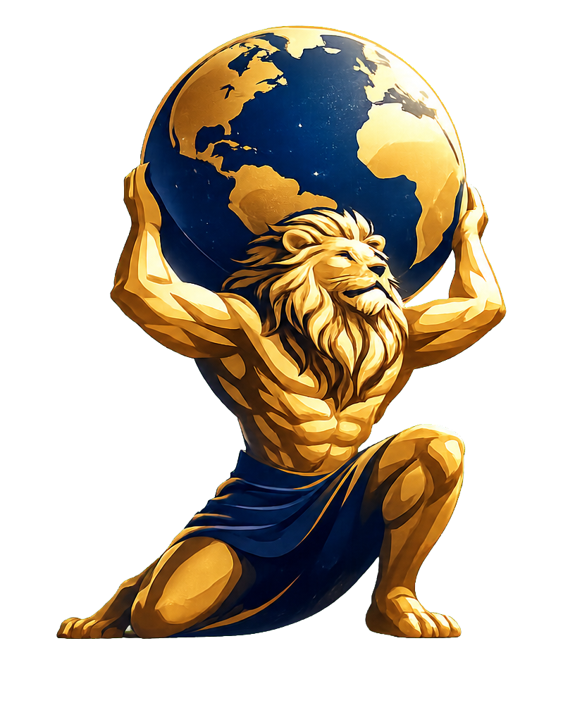 Atlas lion carrying the world